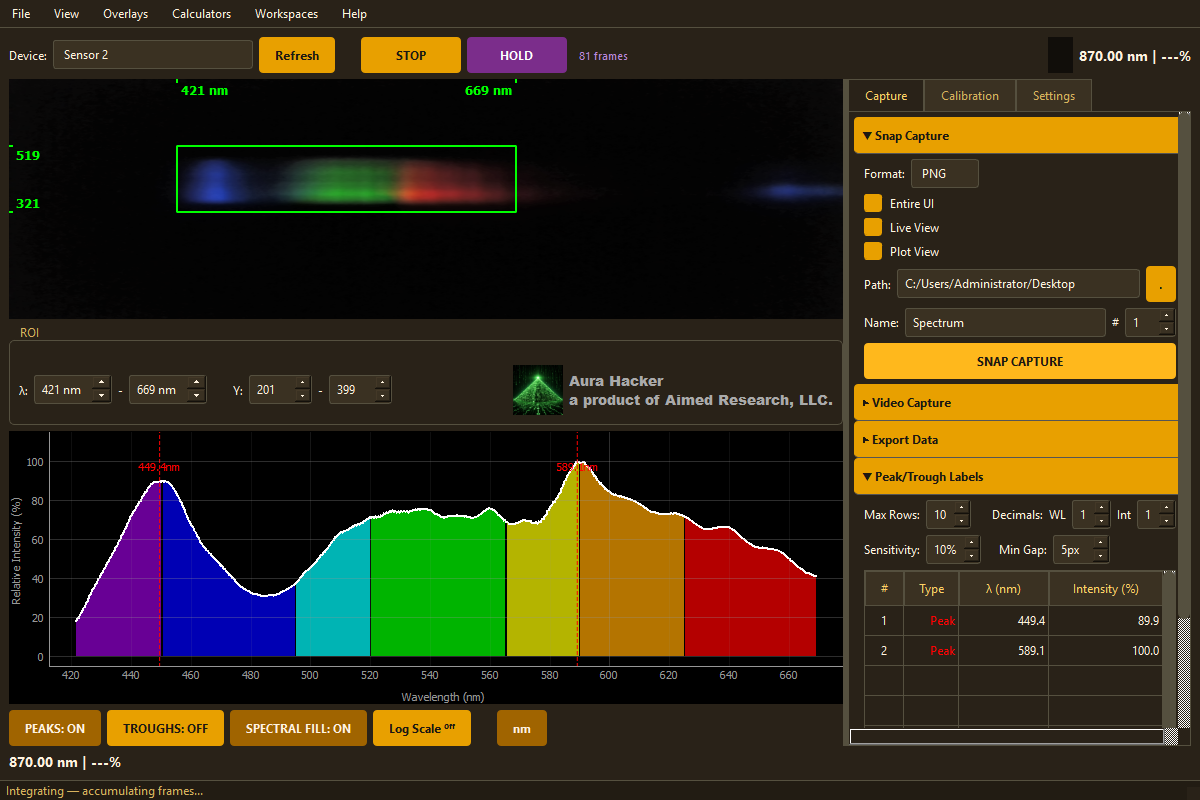 Aura Hacker software — live spectrum, peaks, and calibration tools